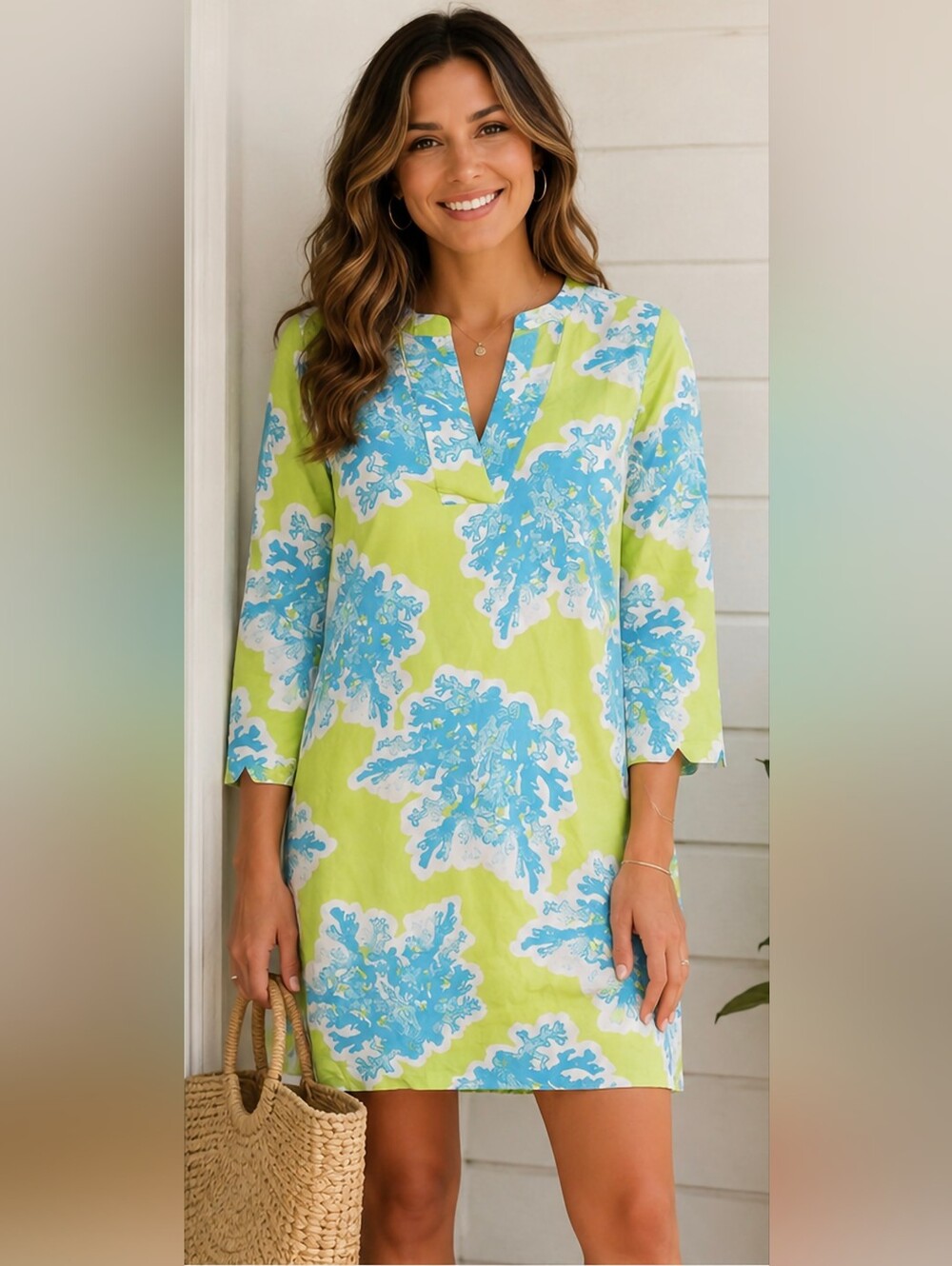 Crown & Ivy Floral Shift Tunic Dress Lime Green Blue Size 4
